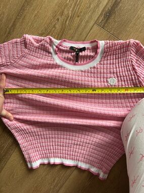 Maje Pink Ribbed Crewneck Top with White Trim Size 3 or Medium